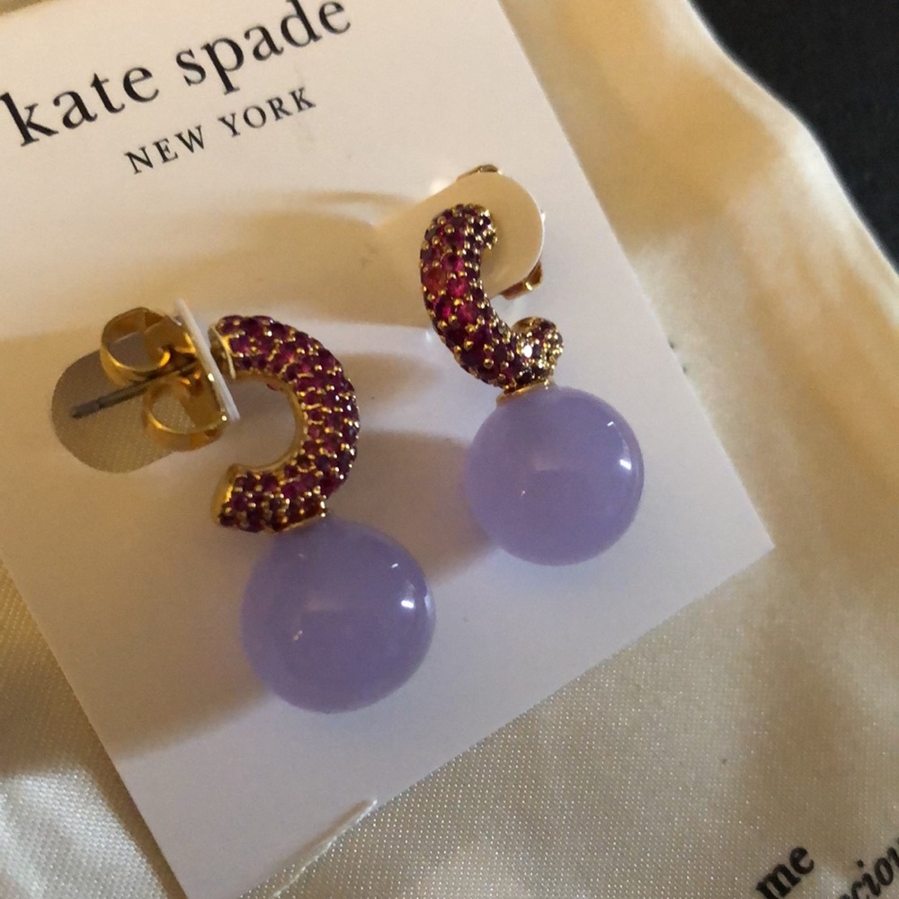 Kate Spade Showtime Huggie Hoop Earrings With Red Crystal & Purple Bead NWT - Picture 6 of 14